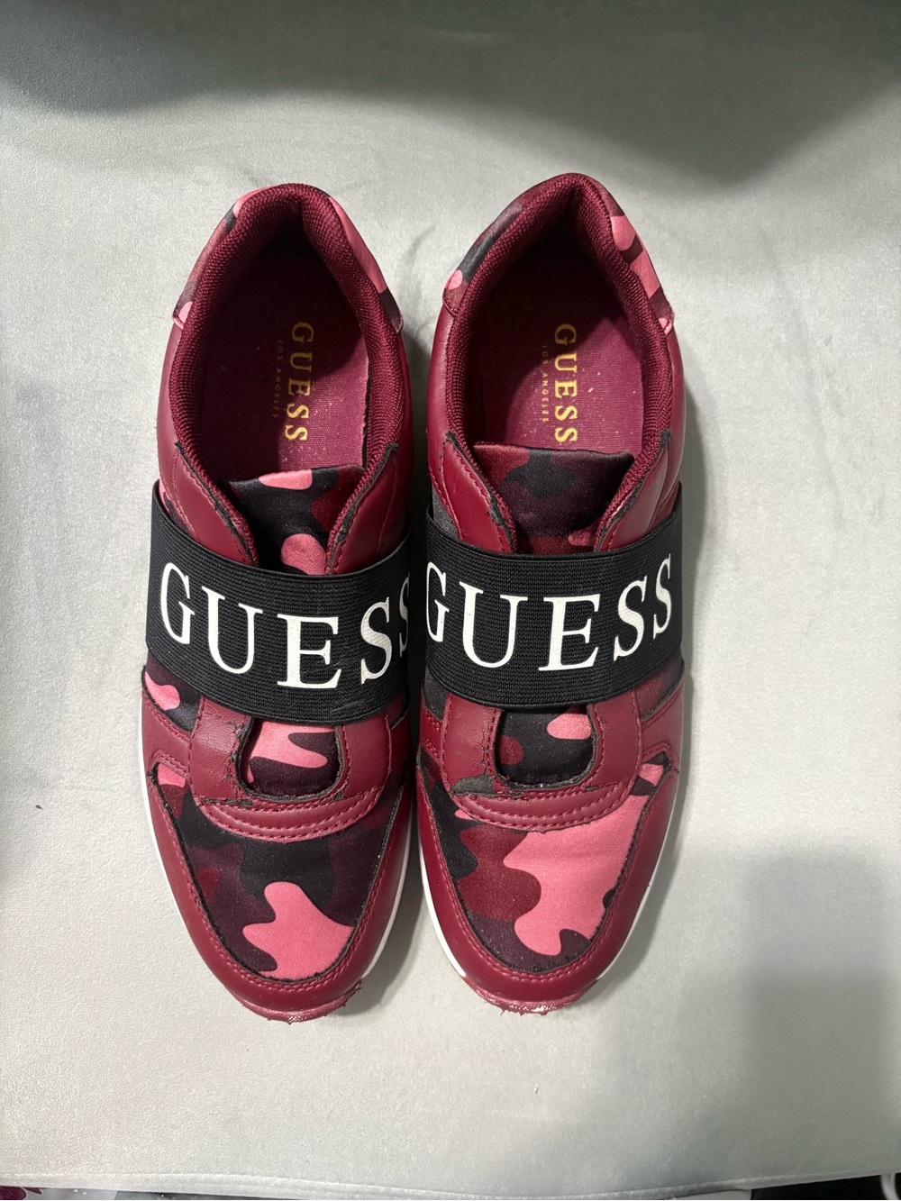 GUESS Maroon and Pink Camo Slip-On Sneakers with Logo Strap